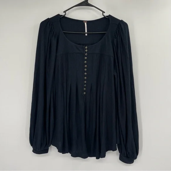 Free People Devin Black Balloon Sleeve Henley Oversized Textured Knit Top - Picture 13 of 13